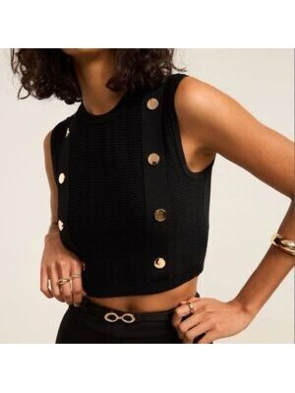 ZARA Black Textured Knit Sleeveless Crop Top Gold Embossed Buttons Small S